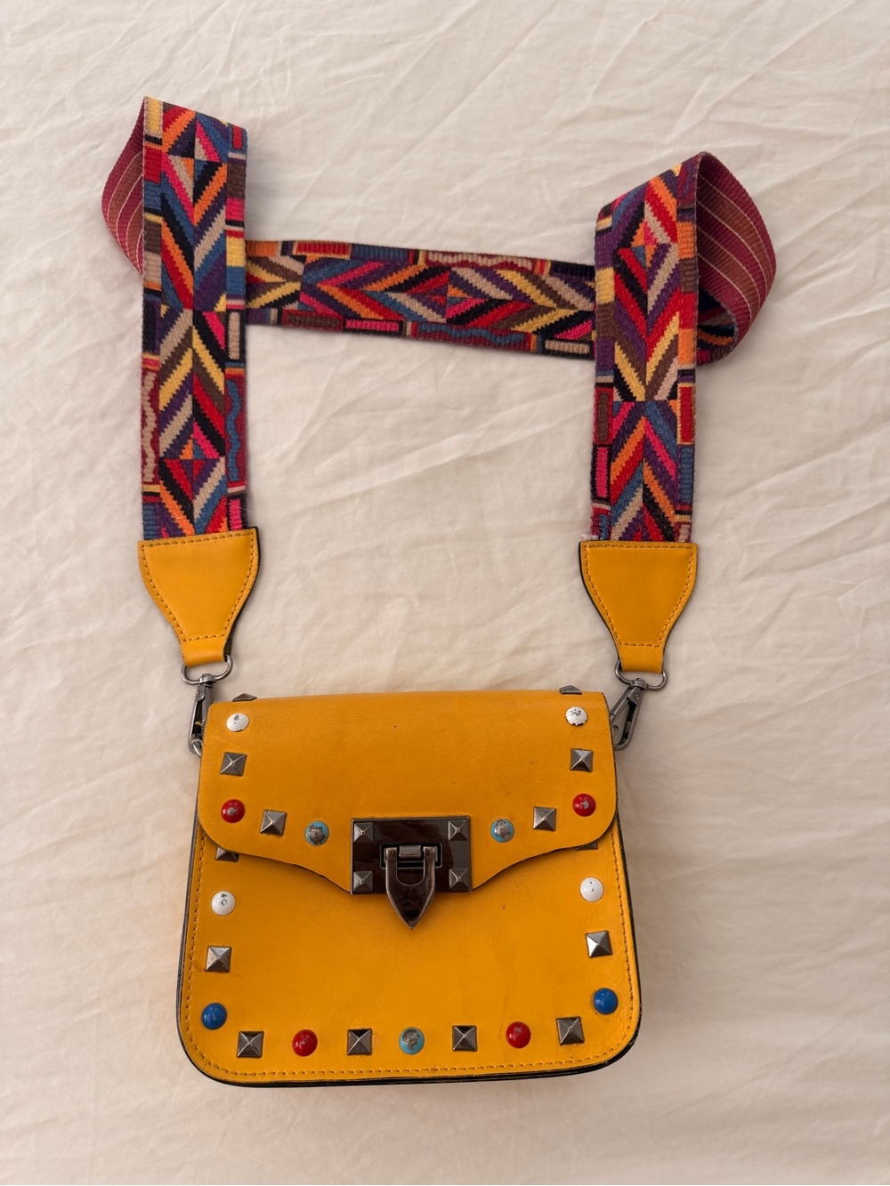 Genuine Leather Studded Crossbody Bag Guitar Strap Mustard Yellow Boho